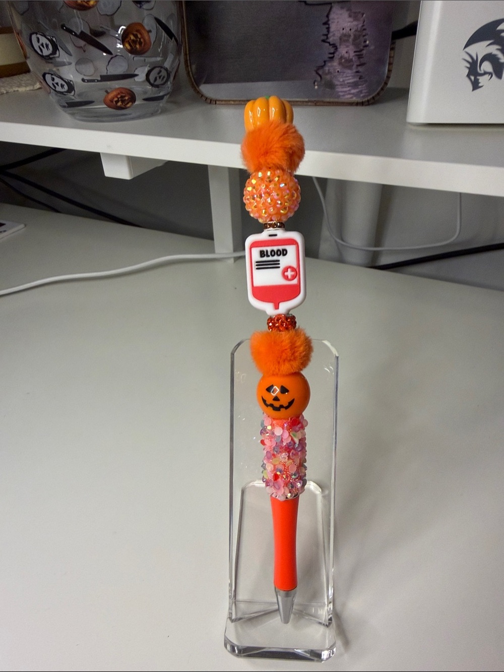 Orange Halloween Beaded Novelty Pen with Pom-Pom Charms